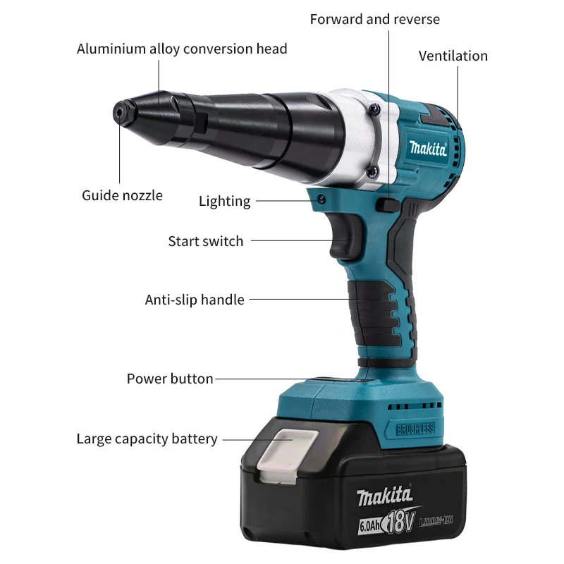 Makita Brushless Electric Rivet Gun LED Cordless Multifunctional Rivet Nut Gun Automatic Riveting Tool For Makita 18V Battery