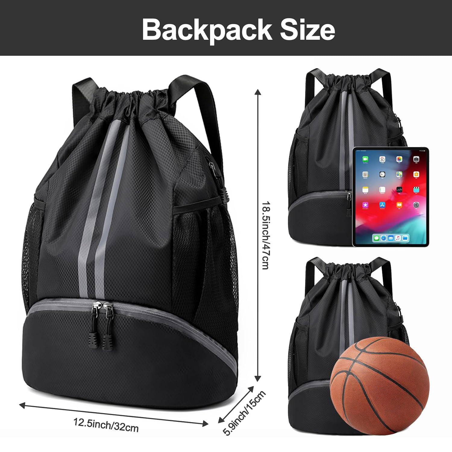 Sports Drawstring Backpack Bag with Shoes Compartment Wet Proof Pocket for Women Men Large Capacity String Swim Gym Sackpack Bag