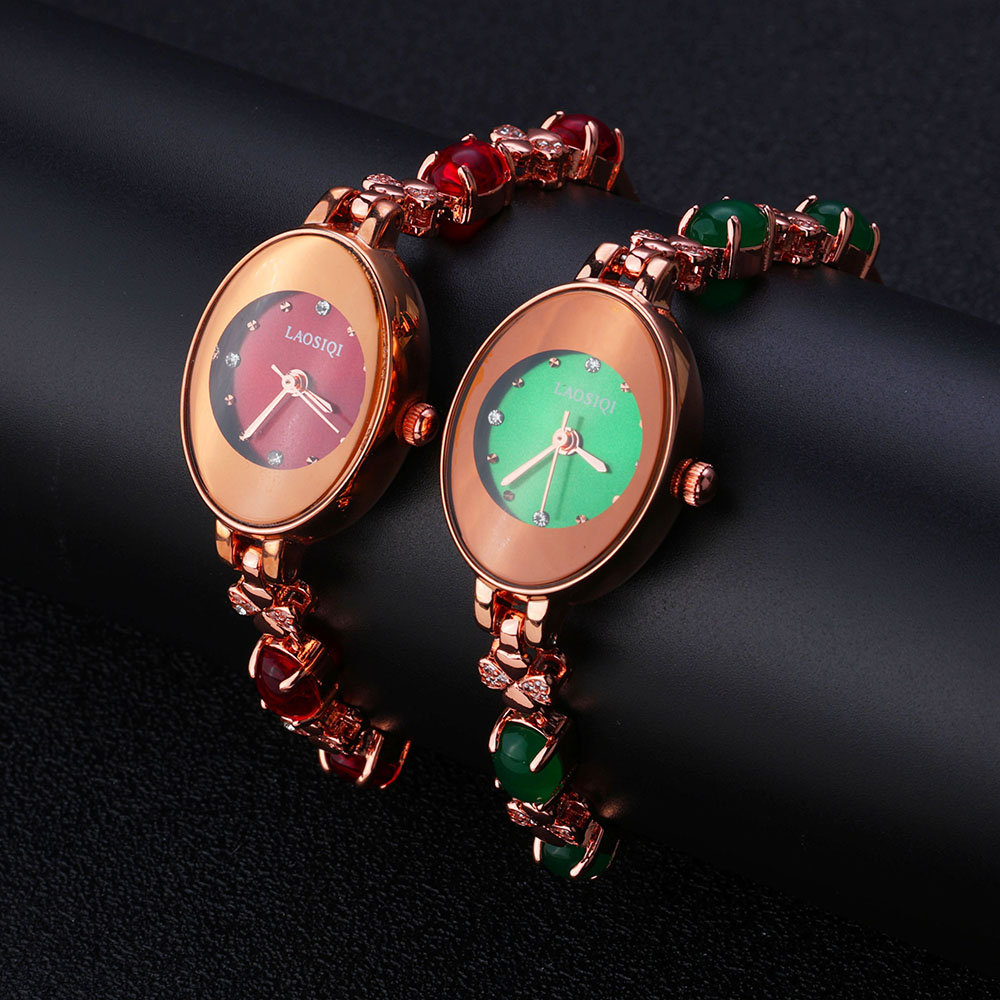 Nova chegada de luxo rosa banhado a ouro relógio quartzo elegante à prova dwaterproof água colorido zircão pedra preciosa design relógios para mulher