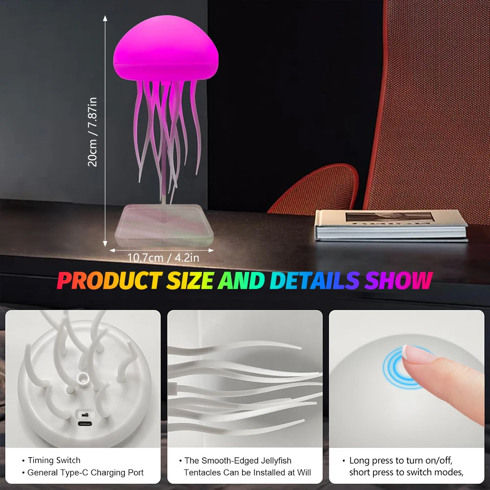 Novidade rgb medusa luz noturna sensor de toque mudança de cor recarregável lâmpada de mesa fofa para quartos sala de estar