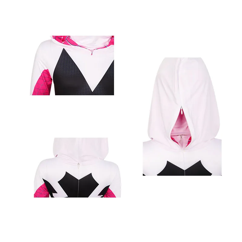 성인 어린이를위한 Gwen Stacy 코스프레 바디 슈트 의상 할로윈 Zentai 3D Spider Gwen with Mask Jumpsuit