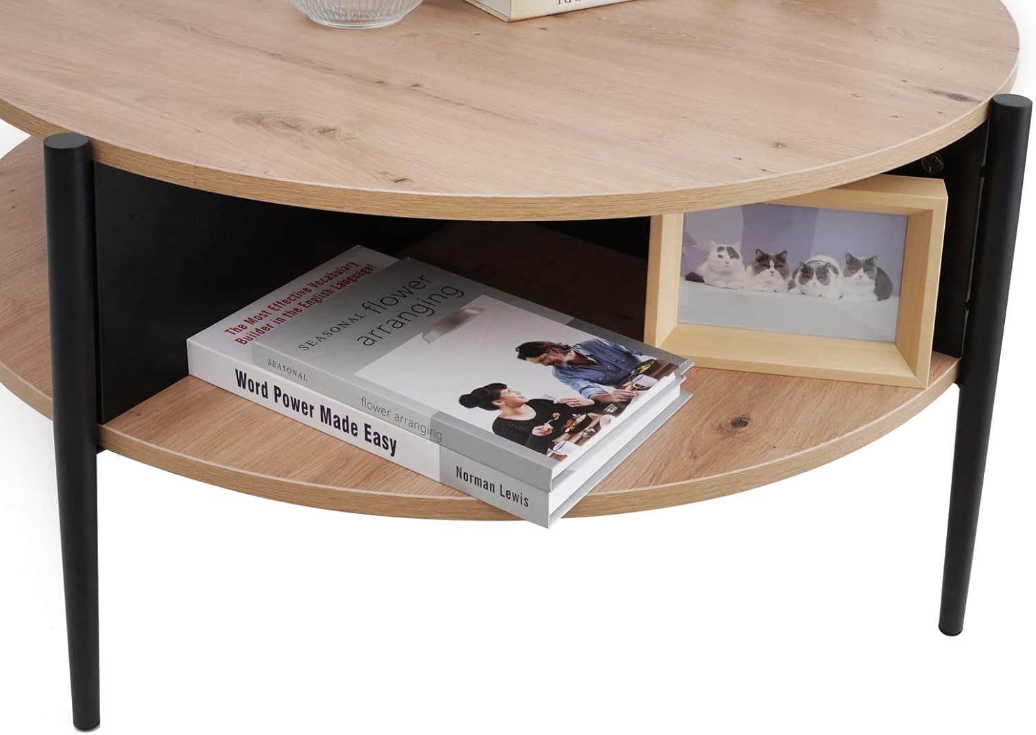 Wood Round Coffee Table with 2-Tier Storage Partitioned Shelf Industrial Modern Design Sofa Table for Living Room