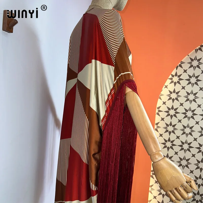 Winyi Kimono Vertuschungen Sommer Boho Print Bikini Vertuschung elegante Mode Strickjacke sexy Urlaub Langarm Quasten Maxi kleid