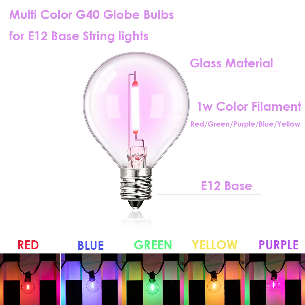 Light Bulb G40 Colored Led String Light Replacement Bulb E12 Base 1W Globe MultiColored Ball Lamp RGB Birthday Party Decoration