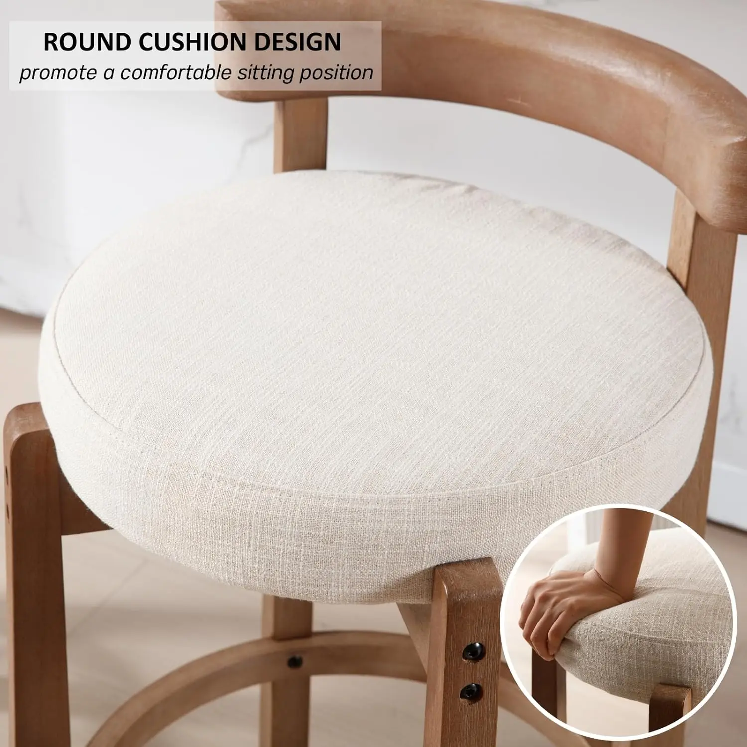 Century Modern Bar Stools Set of 2, 26.5" Counter Stools with Back, Linen Upholstered Barstools with Solid Wood Legs Bar Chairs