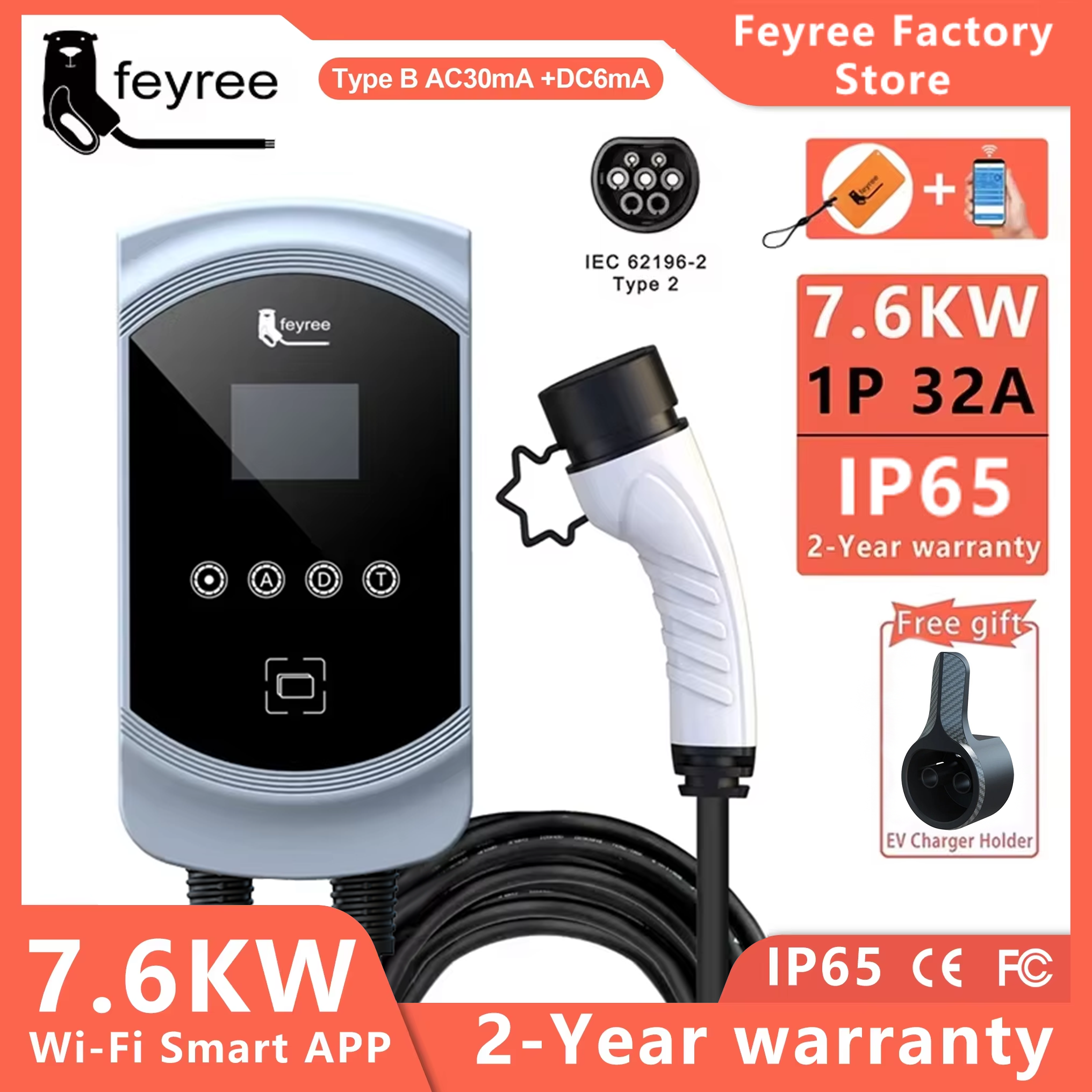 Feyree EV Charger 32A 7.6KW Elektrische Voertuig Autolader EVSE Wallbox 11KW 22KW 3 Fase Type2 Kabel IEC62196-2 Socket APP Controle