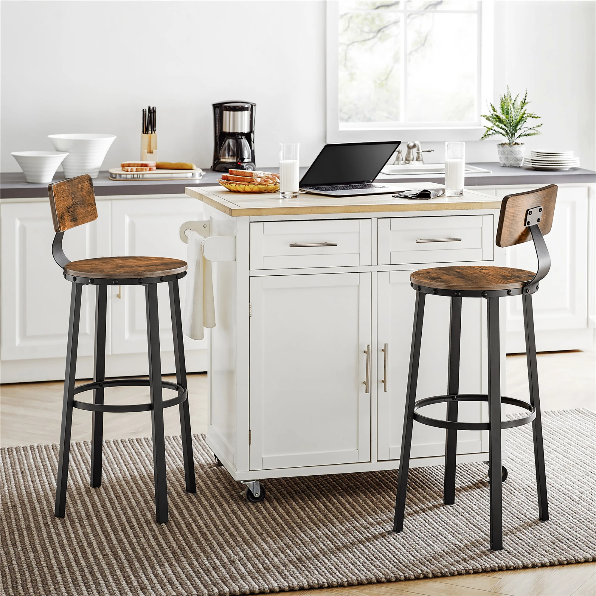 VASAGLE Bar Stools Set of 2, Kitchen Breakfast Bar Chairs, with Backrest, Steel Frame, 73 cm Tall Seat, Easy Assembly
