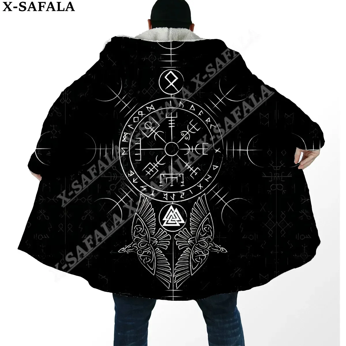 Capa gruesa y cálida con capucha para hombre, abrigo con símbolo de tatuaje vikingo, abrigo con estampado de lana a prueba de viento, informal Unisex, A24