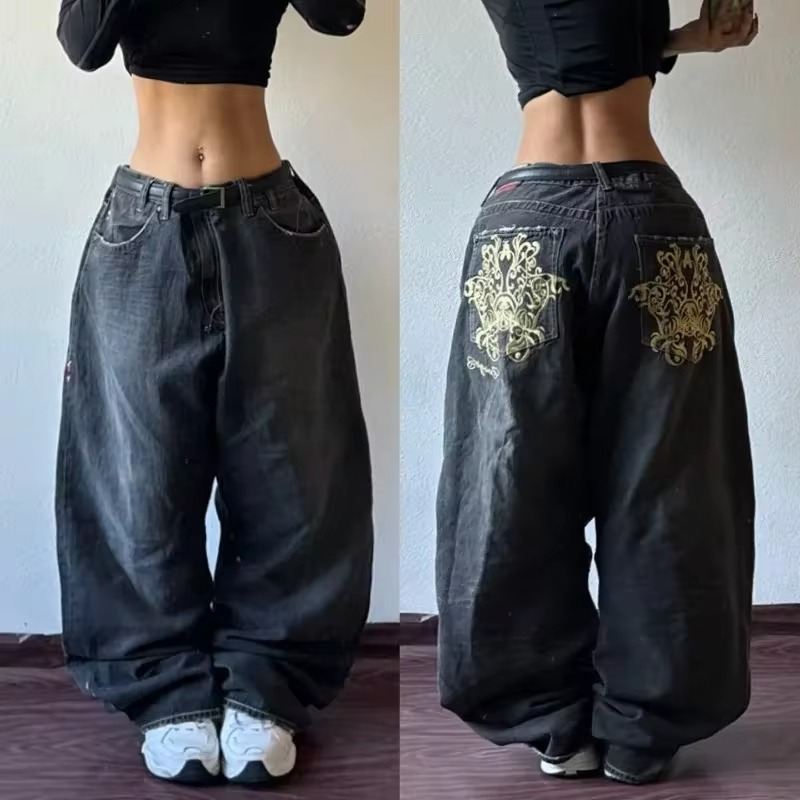 Y2K-pantalones vaqueros holgados negros lavados con estampado de gran tamaño para mujer, estilo gótico, Harajuku, Vintage, Rock, pantalones de pierna ancha de cintura alta