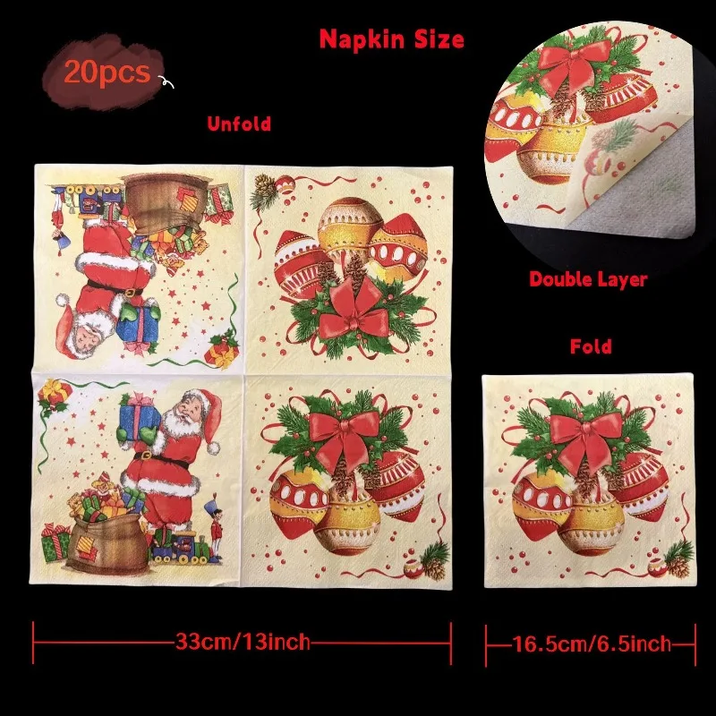 10/20pcs 2Ply Cartoon Santa Claus Bell Wreath Bow Pinecone Pattern Christmas Napkins Party Decoration Tissue DIY Decoupage Paper