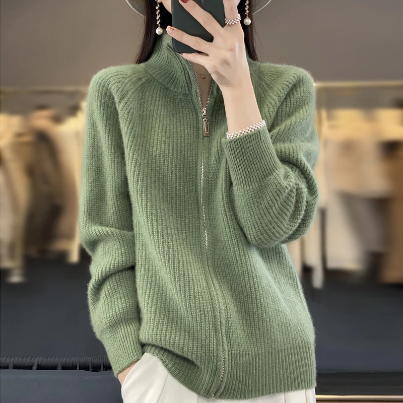 ขนสัตว์บริสุทธิ์ 100% ซิปเสื้อสเวตเตอร์ถักเบาะไหล่ผู้หญิงแคชเมียร์ถักเสื้อใหม่เสื้อกันหนาว