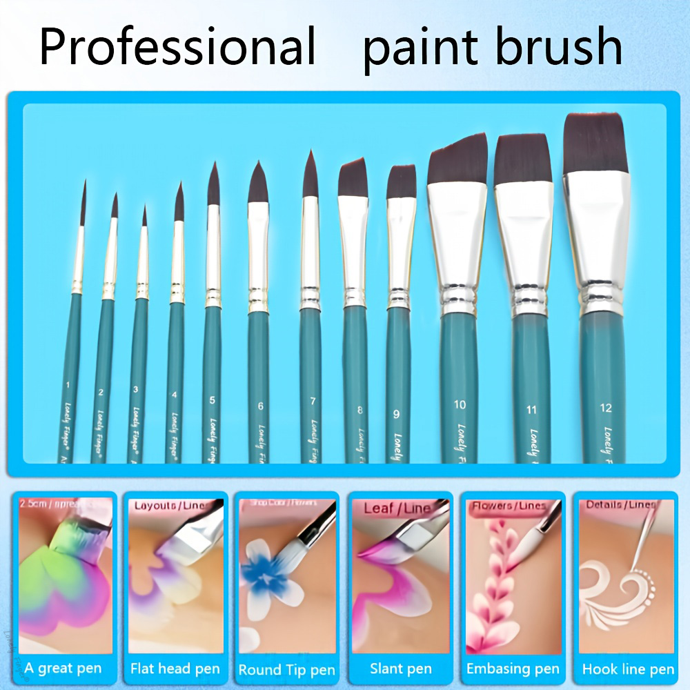 12/24pcs Professional Face Painting Brush Set with Premium Nylon Bristles for Stage Makeup Petal Dome Tips, Embossing & Linework