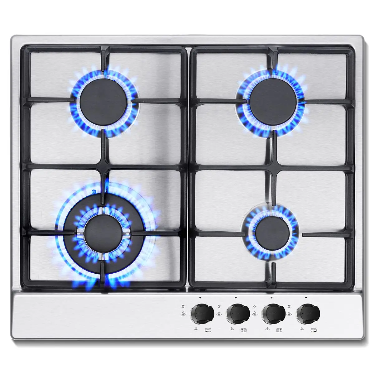 Edelstahl-Gaskochfeld, 4 Brenner mit automatischem Flammschutz, 8060 W, Doppelkraftstoff (Erdgas/Propan), eingebaut oder freistehend