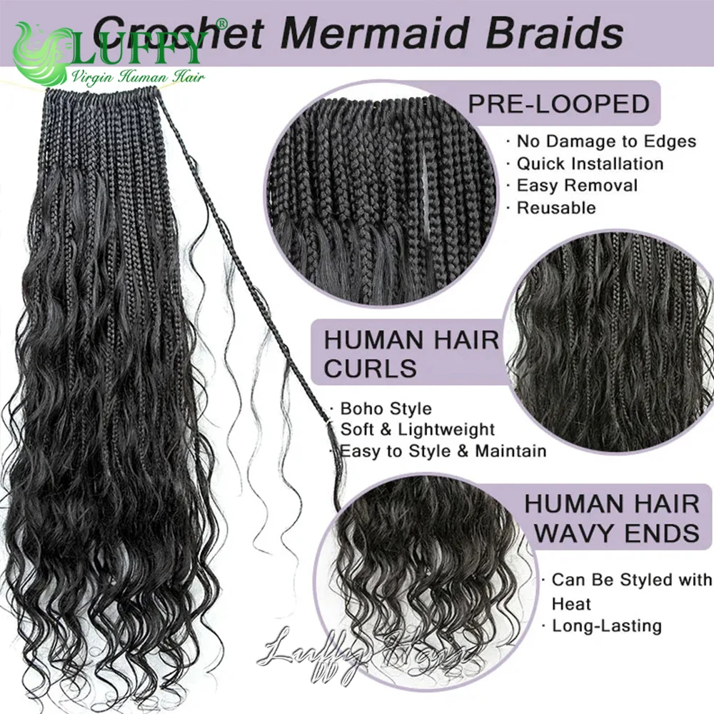 Tranças pré-looped Box com termina ondulada para as mulheres, Crochet Boho tranças, cabelo humano, solto Wave Braiding