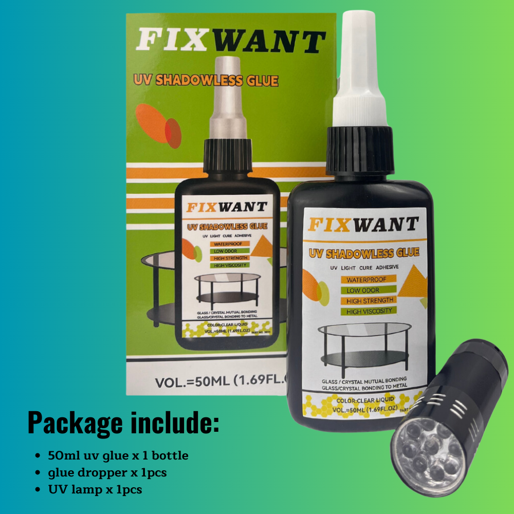 FIXWANT UV-schattenloser Kleber, Glaskristall, gegenseitige Verklebung auf Metall für Couchtisch, 50 ml