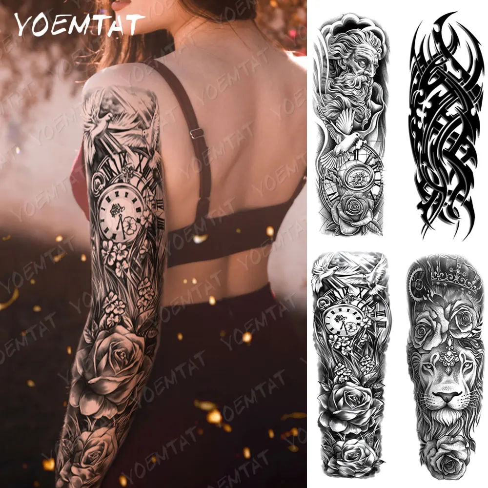 Grote volledige arm mouw waterdichte tijdelijke tattoo sticker leeuw doornen roos klok duif nep tattoo body art tattoo mannen vrouwen been