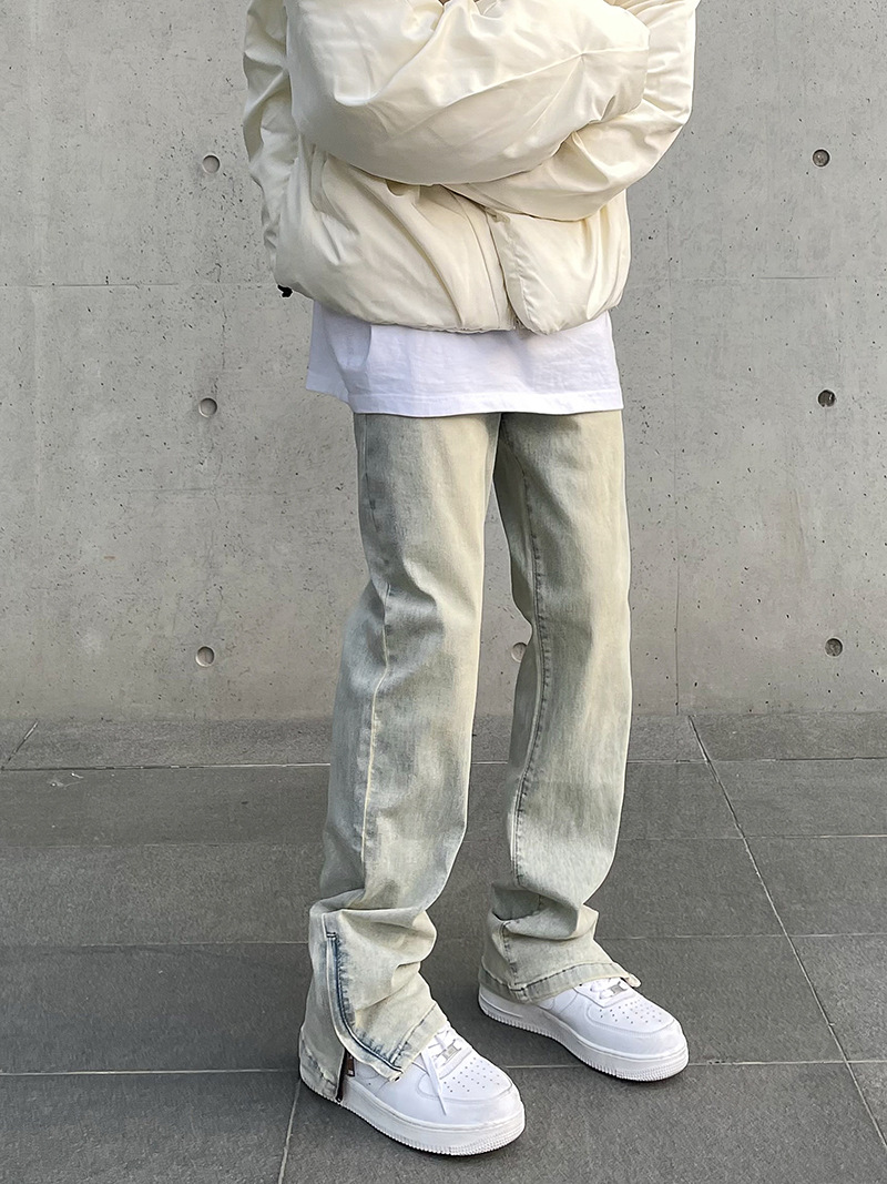 Amerikanische High Street männer Jeans Casual Gerade Stretch Mode Vintage Gewaschen Hosen Zipper Split Denim Hosen Männliche Kleidung