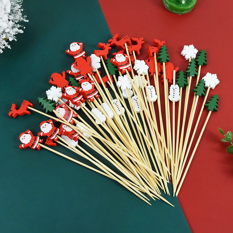 50-100 Uds. De Navidad desechable de bambú, recogedor de alimentos para magdalenas, postre de Papá Noel, palillo de dientes para ensalada de frutas, decoración navideña de Año Nuevo 2025