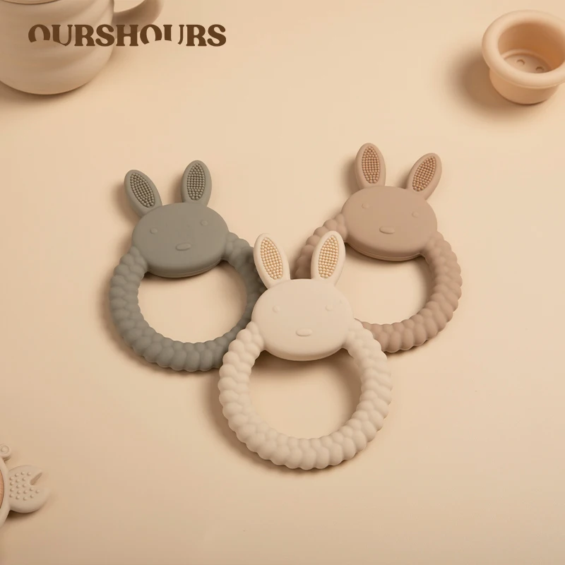1Pcs Food Grade Baby Silikon Beißring Spielzeug Cartoon Kaninchen Pflege Zahnen Ring BPA FREI Neugeborenen Gesundheit Molaren Kauen Zubehör