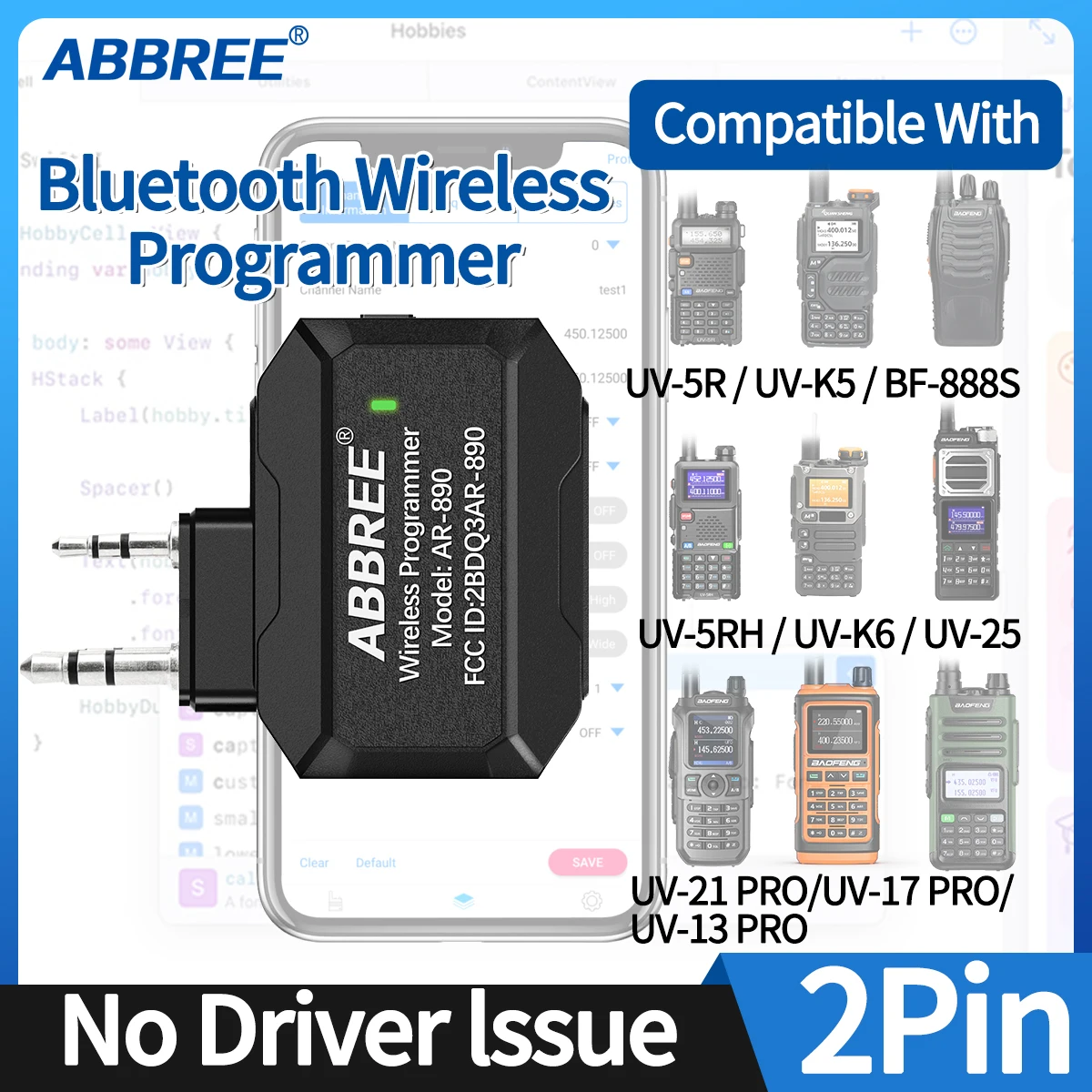 ABBREE programmeur sans fil Bluetooth pour talkie-walkie Plug & Play aucun numéro de pilote téléphone pour UV5R BF888S Quansheng UVK5