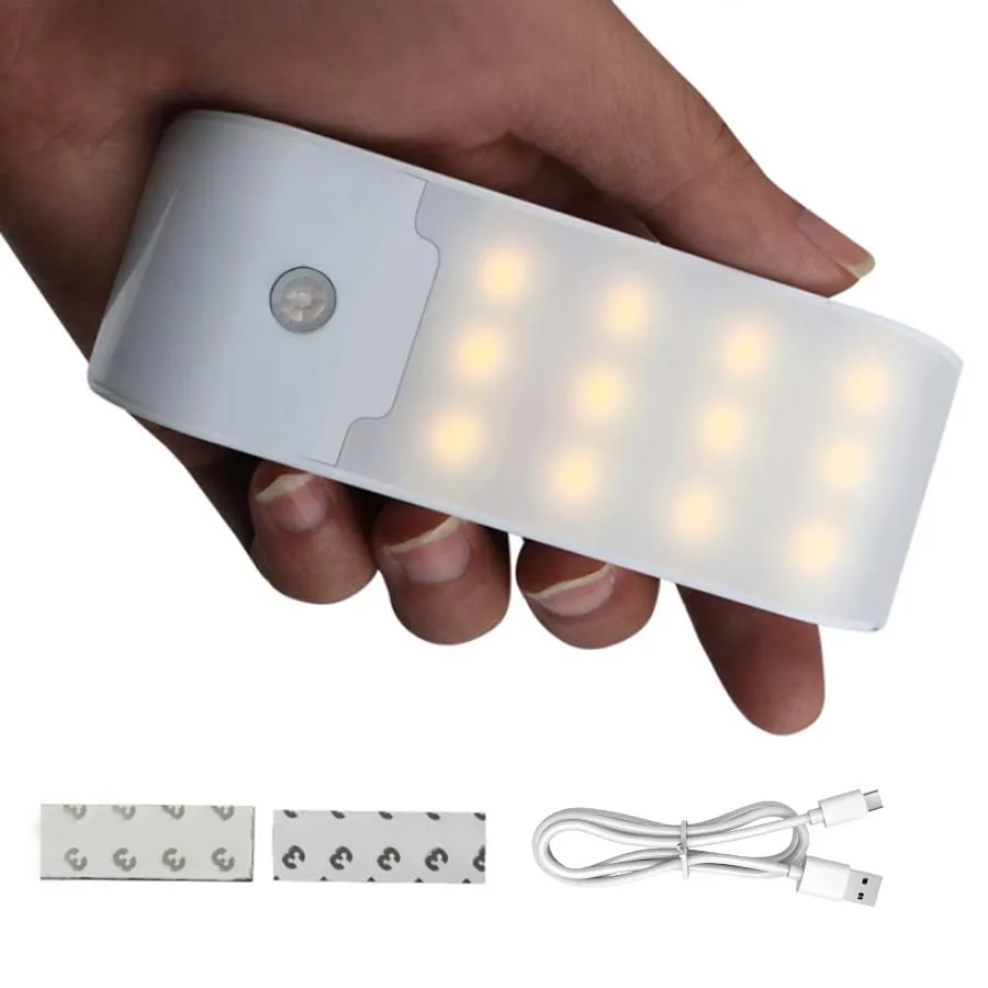 Lampada da notte USB ricaricabile con sensore di movimento a luce notturna a 12 LED per corridoio, bagno, armadio, cucina, sotto l'armadio, ad alta luminosità