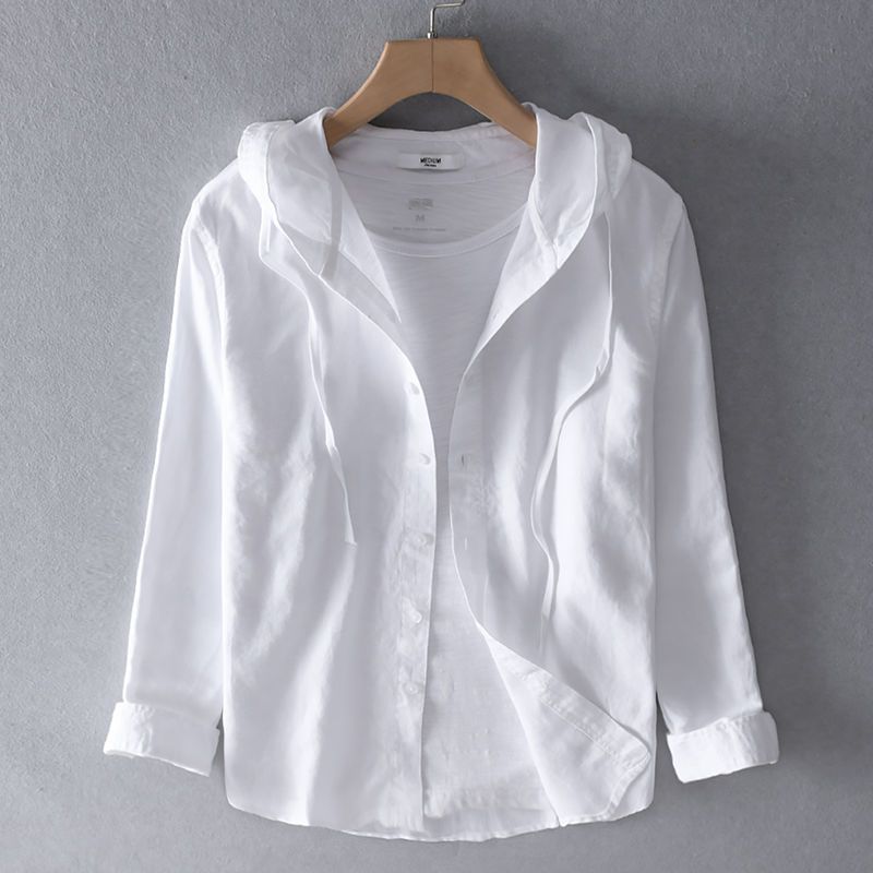 Primavera novedad de verano, camisa con capucha de manga larga sólida Inen, camisa fina holgada de moda para hombres jóvenes, camisa de protección solar de lino y algodón a la moda