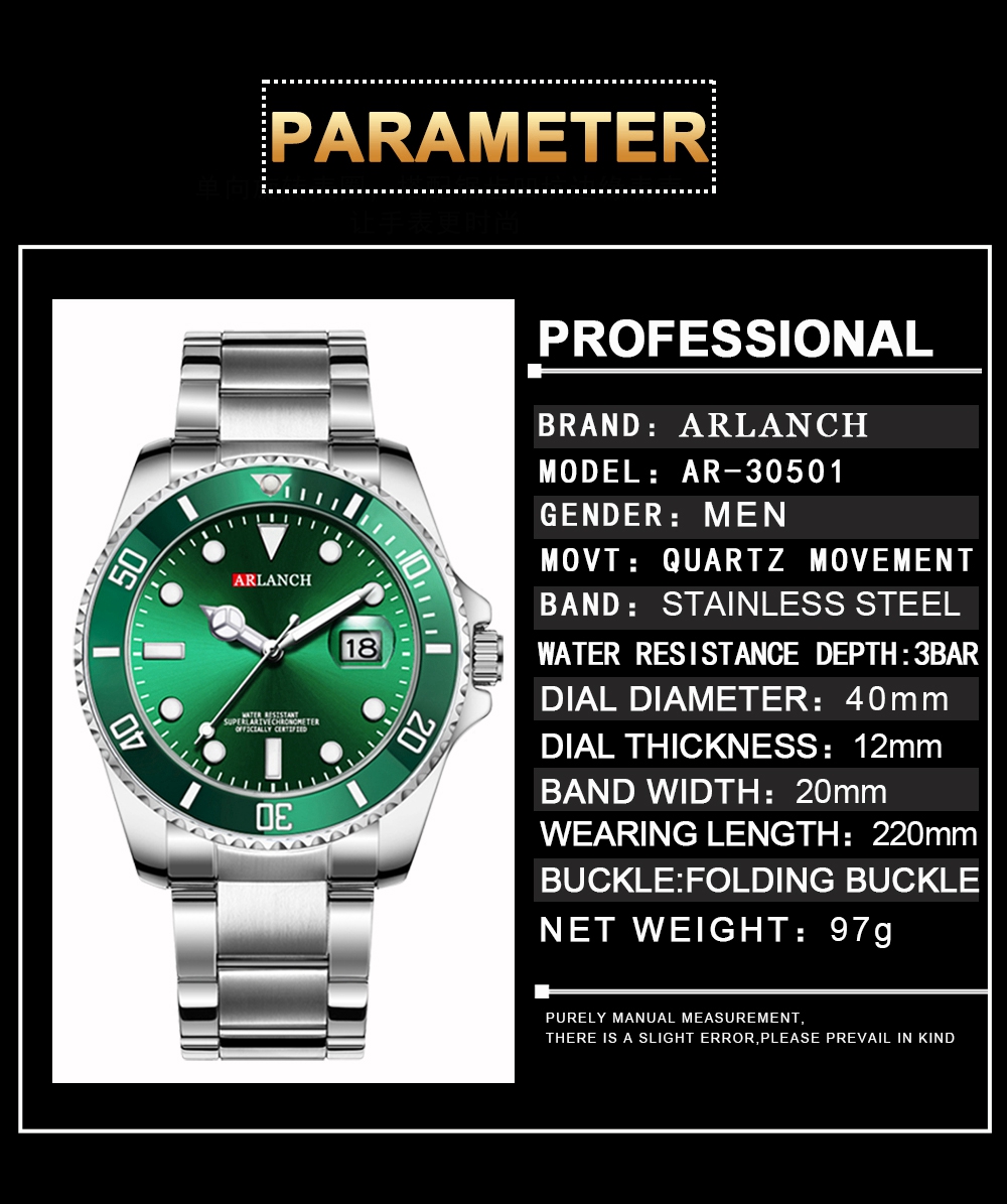 ARLANCH-reloj analógico de acero inoxidable para hombre, accesorio de pulsera de cuarzo resistente al agua con calendario, complemento masculino deportivo de marca de lujo con esfera luminosa, perfecto para negocios