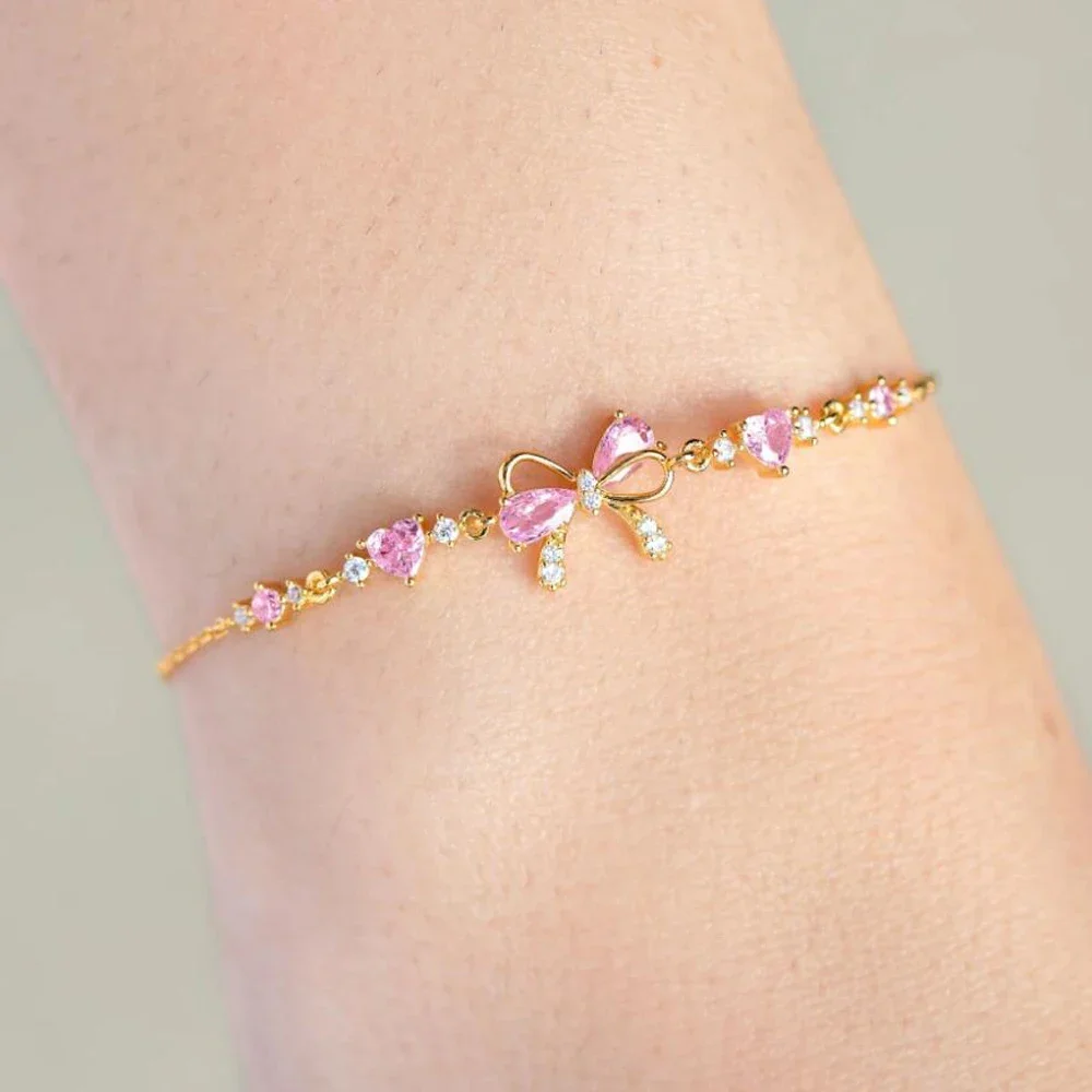 Y2K exquisita pulsera de cadena de corazón de amor con lazo de circón rosa dulce para mujeres y niñas, regalo de joyería para fiesta y cumpleaños