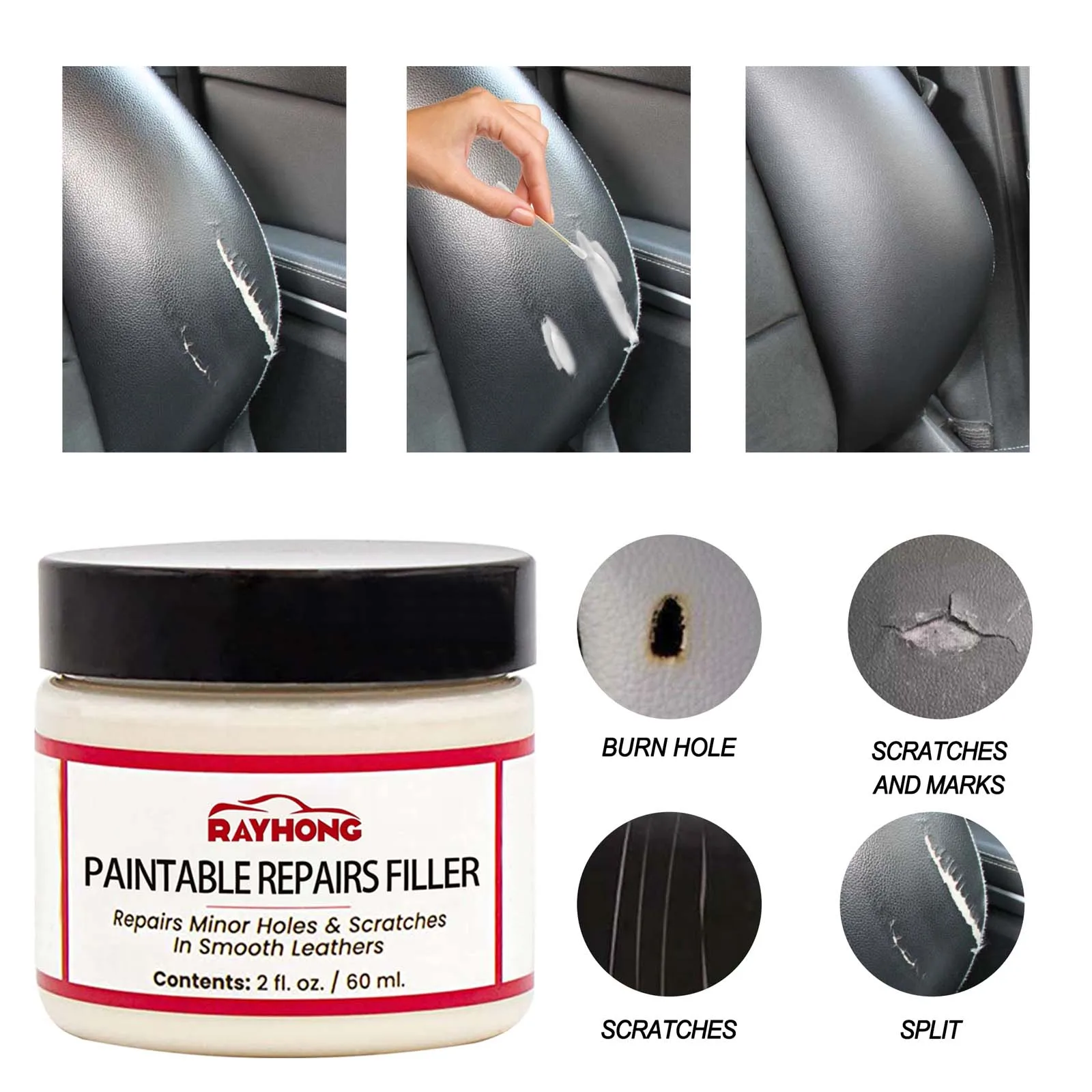Composto de reparo de enchimento de couro natural 60ml, pasta de restauração de couro automático, creme de restauração pintável para rasgos, rachaduras, queimaduras, buracos