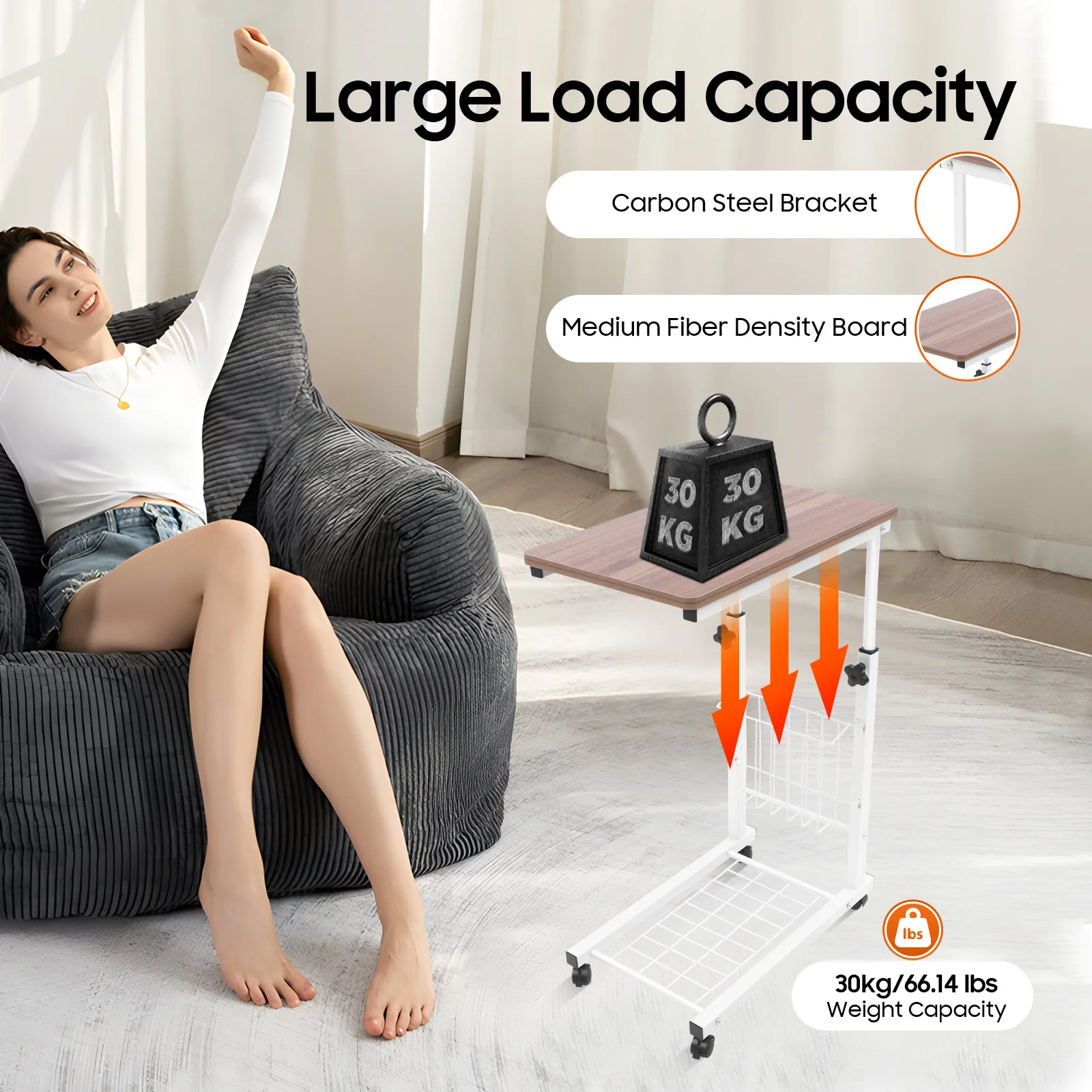 Versatile Adjustable Side Table: Height-Adjustable, Rolling Wheels, and Storage Basket for Home, Office, or Small Spaces