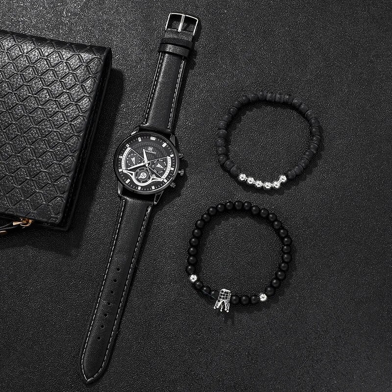 Conjunto de relógio ultra fino minimalista masculino, relógio de pulso quartzo couro empresarial, relógios simples de moda, 3 peças