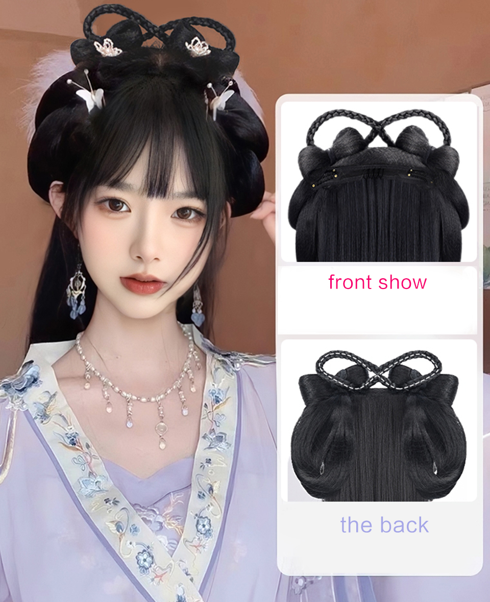 เช่นจีนโบราณวิกผมผู้หญิง Hanfu วิกผม Headdress การถ่ายภาพเต้นรําอุปกรณ์เสริมวิกผมสีดําสําหรับผู้หญิงแบบบูรณาการผม bun
