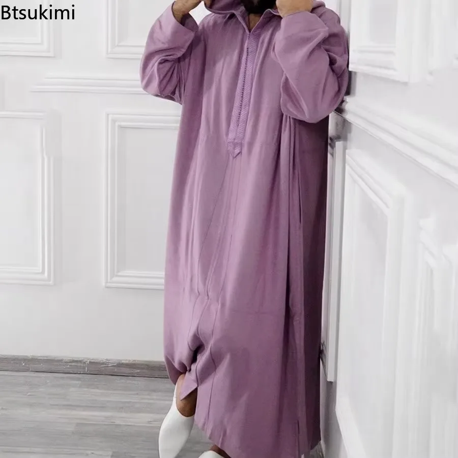 2025 männer Muslimischen Mit Kapuze Robe Nahen Osten Islamische Arabische Kleidung Vintage Lose Lange Hülse Kordelzug Mode Männlichen Robe Neue