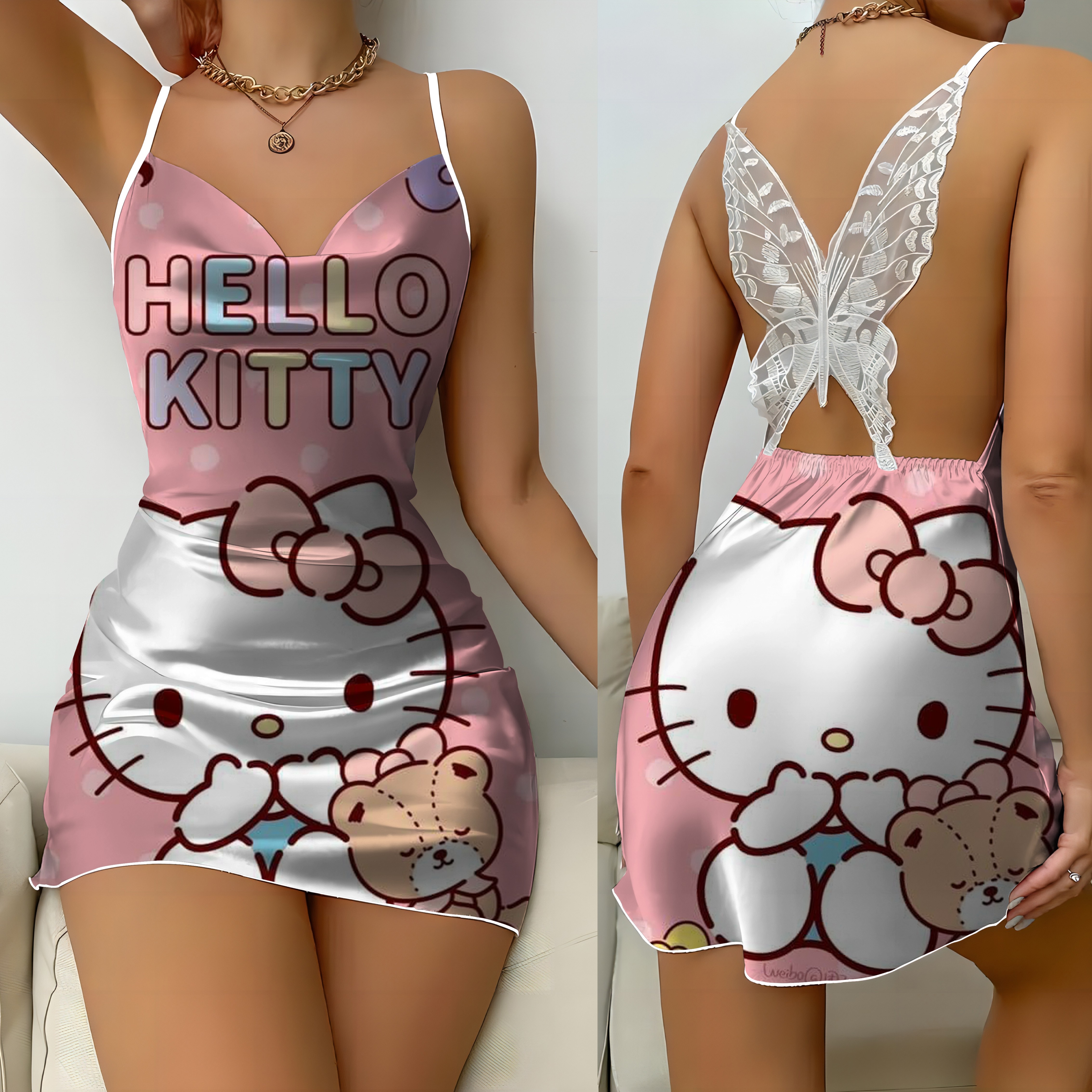 Mini vestido falda de pijama Hello Kitty vestidos sexis con hombros descubiertos Nudo de lazo superficie de satén moda mujer verano 2024 encaje de fiesta corto