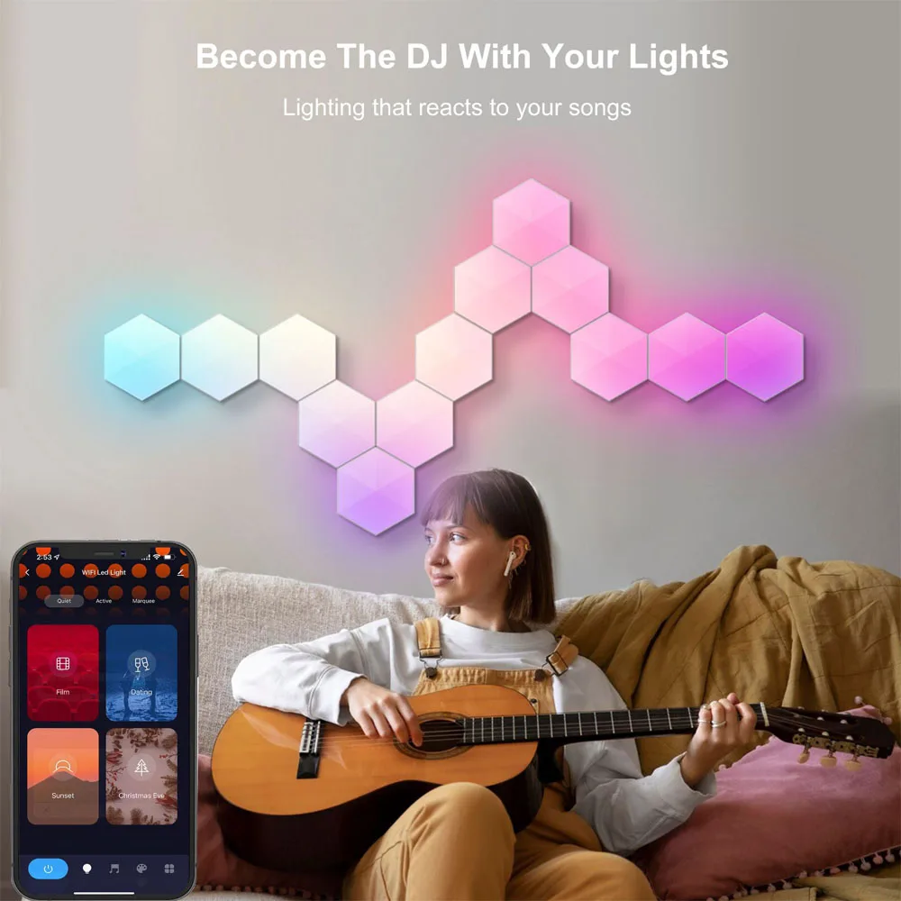 TuYa WiFi Thông Minh Bluetooth LED RGB Lục Giác Lượng Tử Ánh Sáng Ban Đêm Trong Nhà Đèn Cho Trò Chơi Trang Trí Phòng Ngủ Bầu Không Khí Đèn
