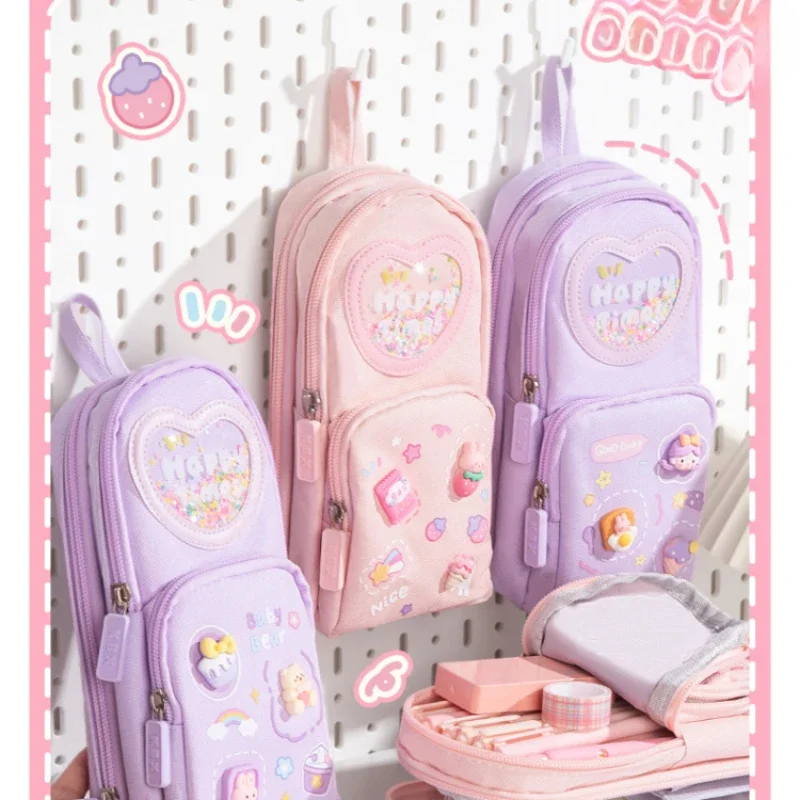 Handheld Backpack Pencil Case Cute Cartoon Dirt Resistant Canvas Three-layer Large Capacity Stationery Bag Storage Bag