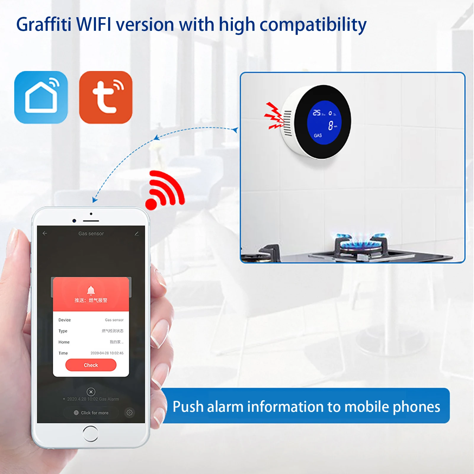 TuyaWiFi Smart Wireless Home Gas Detector with LED Screen Display Gas Leak Alarm