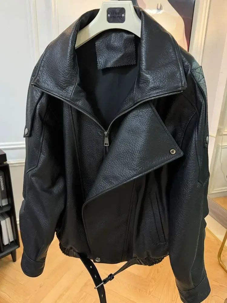 2025 outono/inverno moda jaqueta de couro preto jaqueta feminina solta casaco casual couro do plutônio jaqueta da motocicleta womn topos