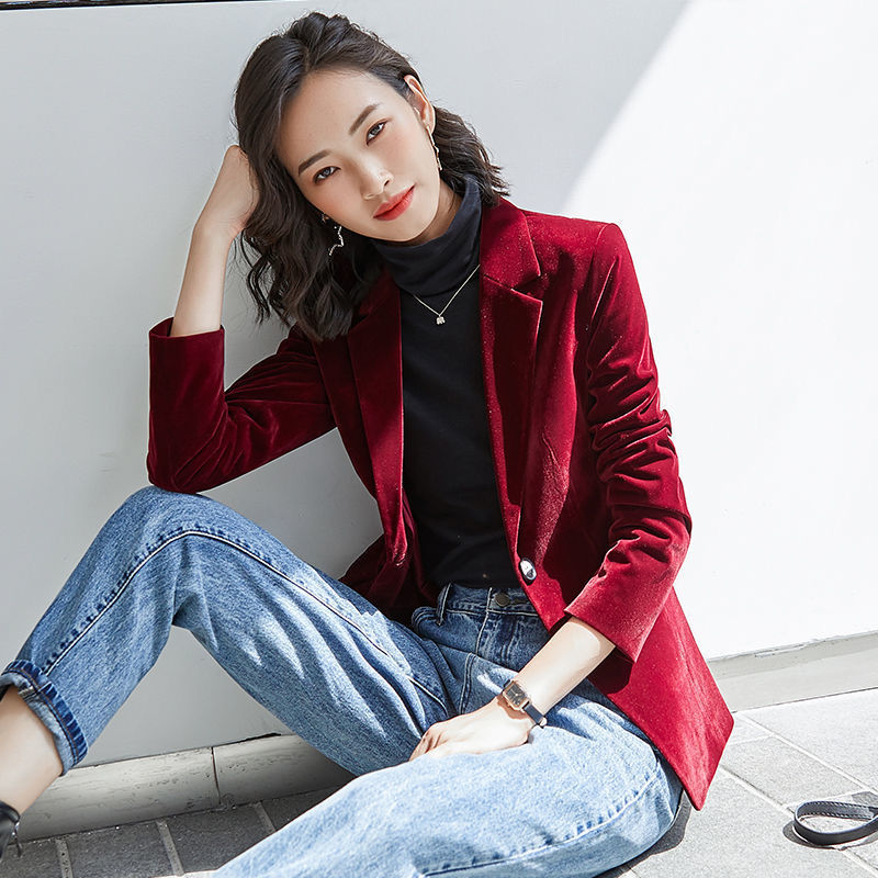 Mantel Setelan Musim Semi Musim Gugur Mode Wanita Jaket Setelan Lengan Panjang Beludru Ramping Blazer Ukuran Plus Kasual Wanita