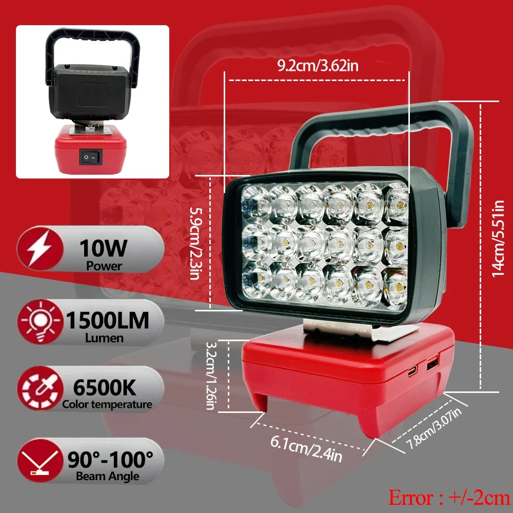 Portable Lanterns Lamp 18 Beads LED Work Light Spotlight Torch for Makita BL1830 for Milwaukee for Dewalt 18V 20V Li-ion Battery