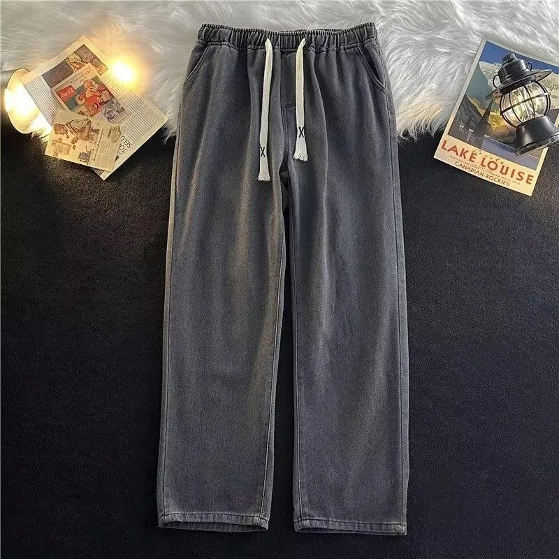 Pantalones vaqueros de pana con cintura elástica de color claro para hombre, pantalón informal hasta el suelo, pierna recta, Harajuku Sle Youth Faion