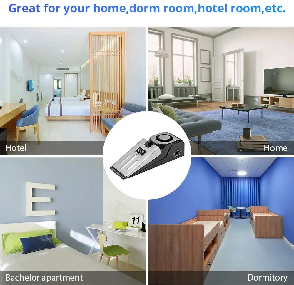 Allarme fermaporta aggiornato Fermaporta portatile di sicurezza con cuneo da 120 dB Sensibilità regolabile per viaggi in dormitorio domestico