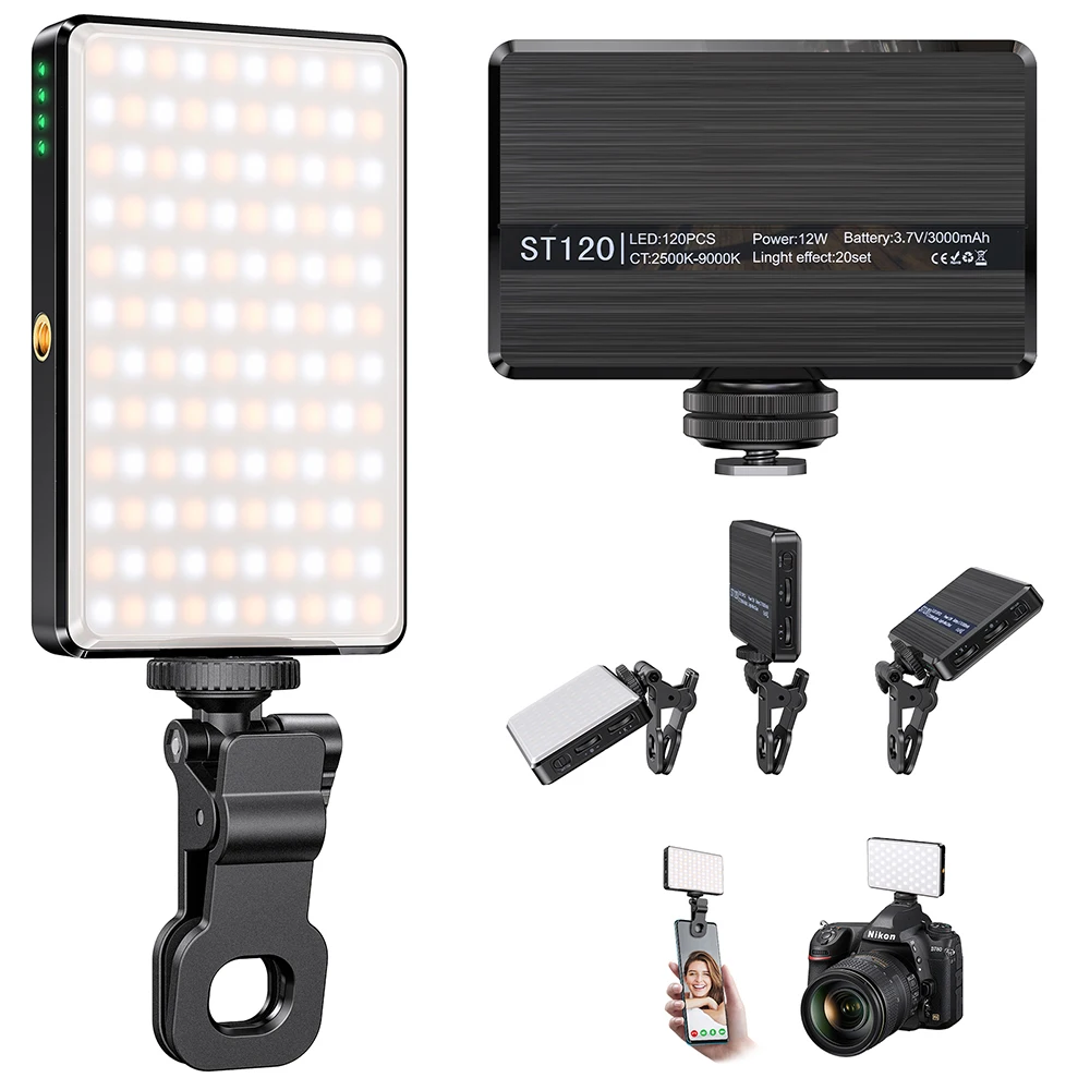 ST-120 LED-Videoleuchte, Fülllicht, wiederaufladbar, 3000 mAh, angepasst, 3 Lichtmodi, CRI95, tragbares Mini-Selfie-Licht 2500–9000 K