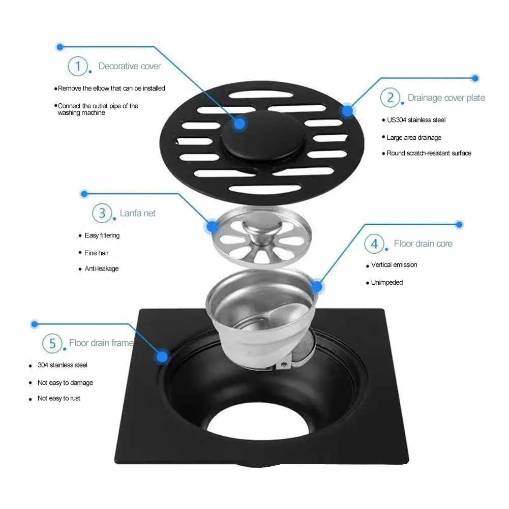 Preventor de reflujo de drenaje de suelo de acero inoxidable 304 para baño, Control avanzado de descarga de agua y mecanismo de sellado