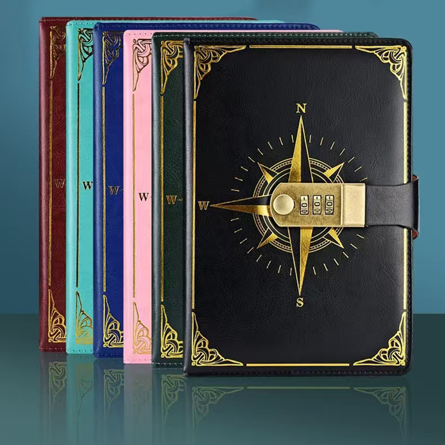 Libro de contraseñas Retro A5 con cerradura, cuaderno diario, brújula creativa para viajero, libro de contabilidad manual, Bloc de notas para estudiantes, papelería, nota secreta