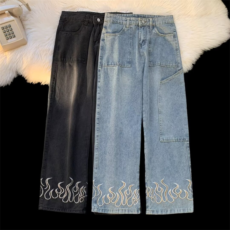 Y2K 빈티지 불꽃 인쇄 청바지 남성용 헐렁한 streetwear 넓은 다리 데님 바지 2024 새로운 힙합 패션 스트레이트 Pantalones