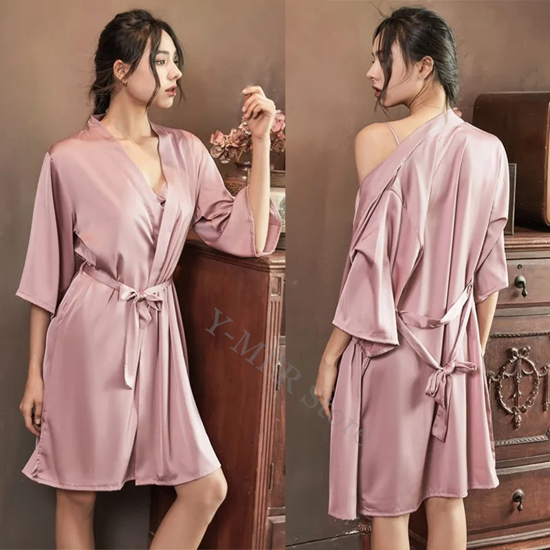 Robe en Satin femme Lingerie intime vêtements de nuit soyeux mariée cadeau de mariage décontracté Kimono peignoir Robe chemise de nuit vêtements de nuit sexy