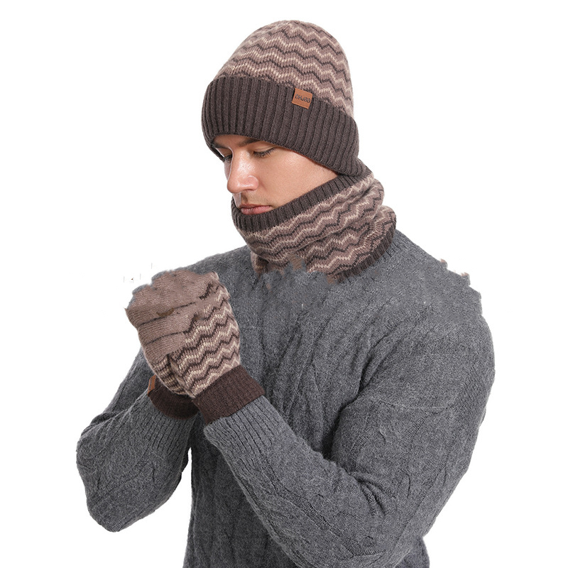 1Set Warm Soft Winter Fleece-lined Knitted Hat Scarves And Touch Screen Gloves 3-Piece Set Perfect Ear Neck Warmer Men's Warm