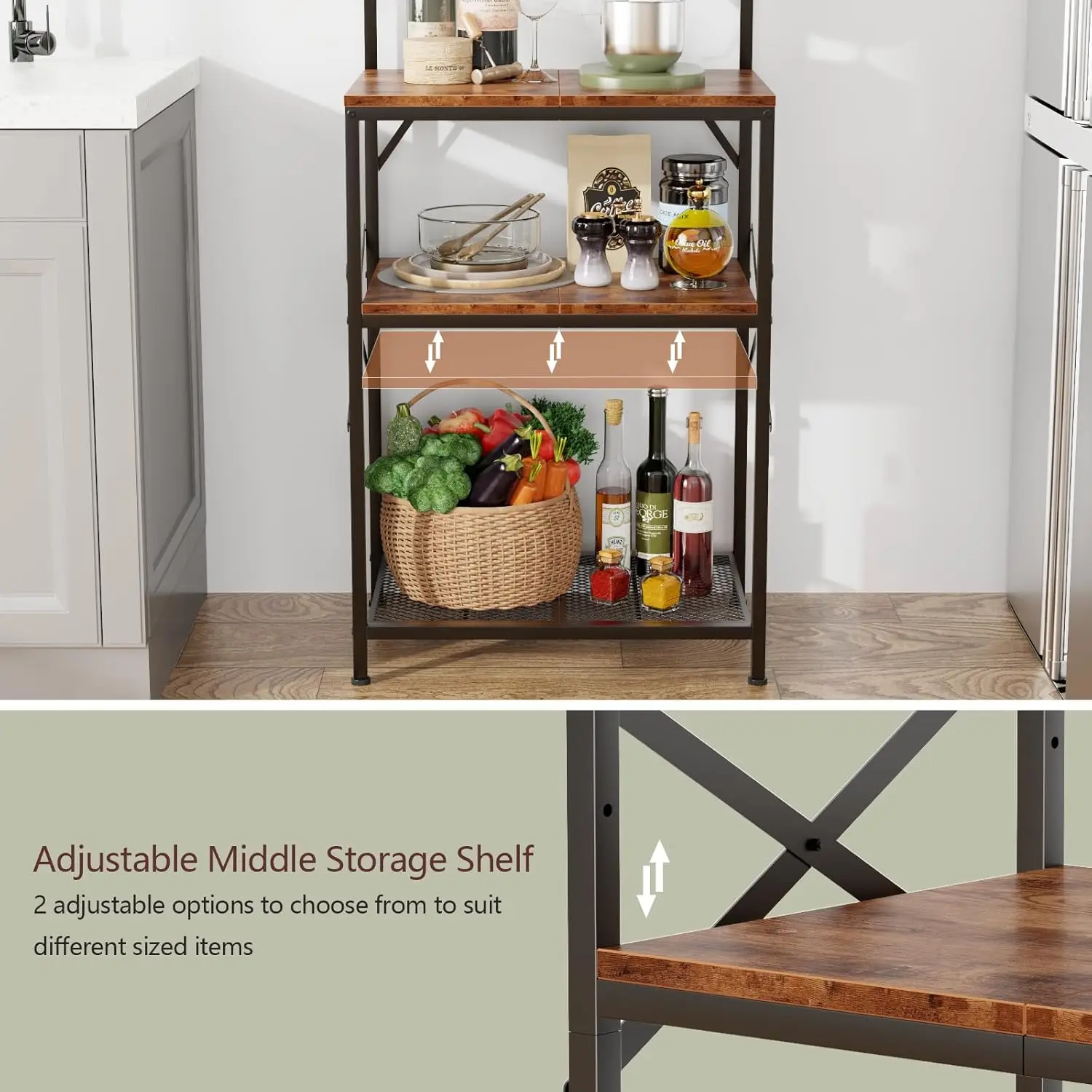 Kitchen Bakers Rack with Storage Shelves, Small Coffee Bar Table with 8 Hooks, 4 Tiers Microwave Stand Station