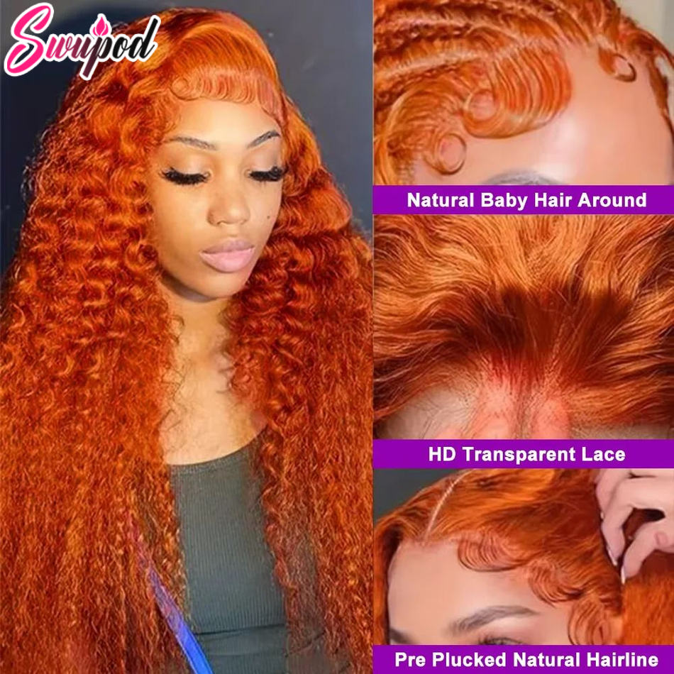 Swupod-Transparente HD Lace Front Wig para Mulheres, Onda Profunda, Remy Cabelo Humano, Ginger Cor Laranja, Glueless, 13x4, 13x6, 200 Densidade
